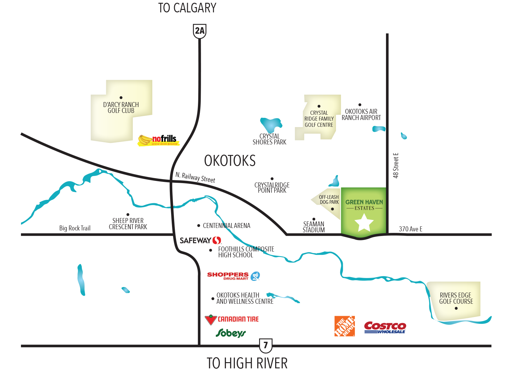 Green Haven Estates Okotoks Alberta amenities map